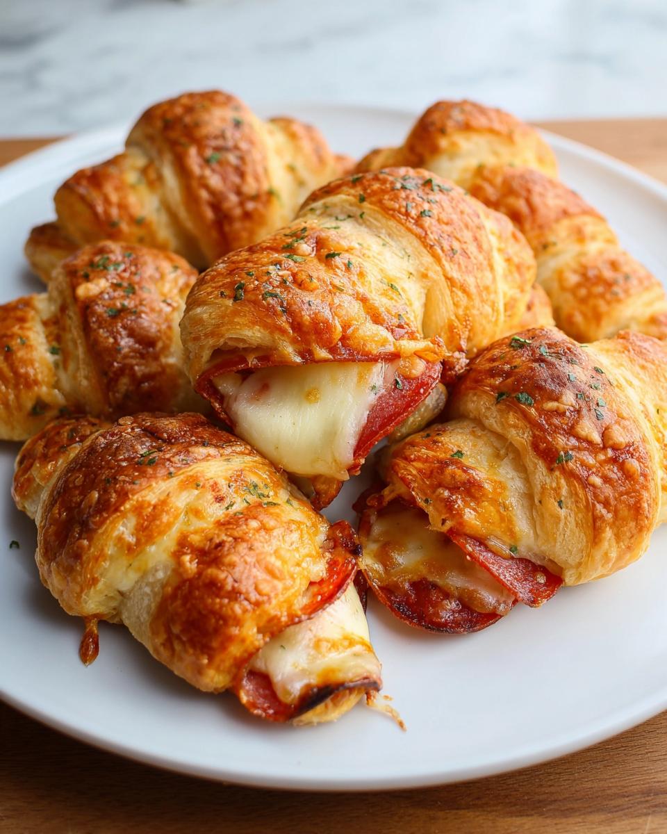 Close-up of golden-brown croissant rolls stuffed with melted mozzarella cheese and pepperoni slices.