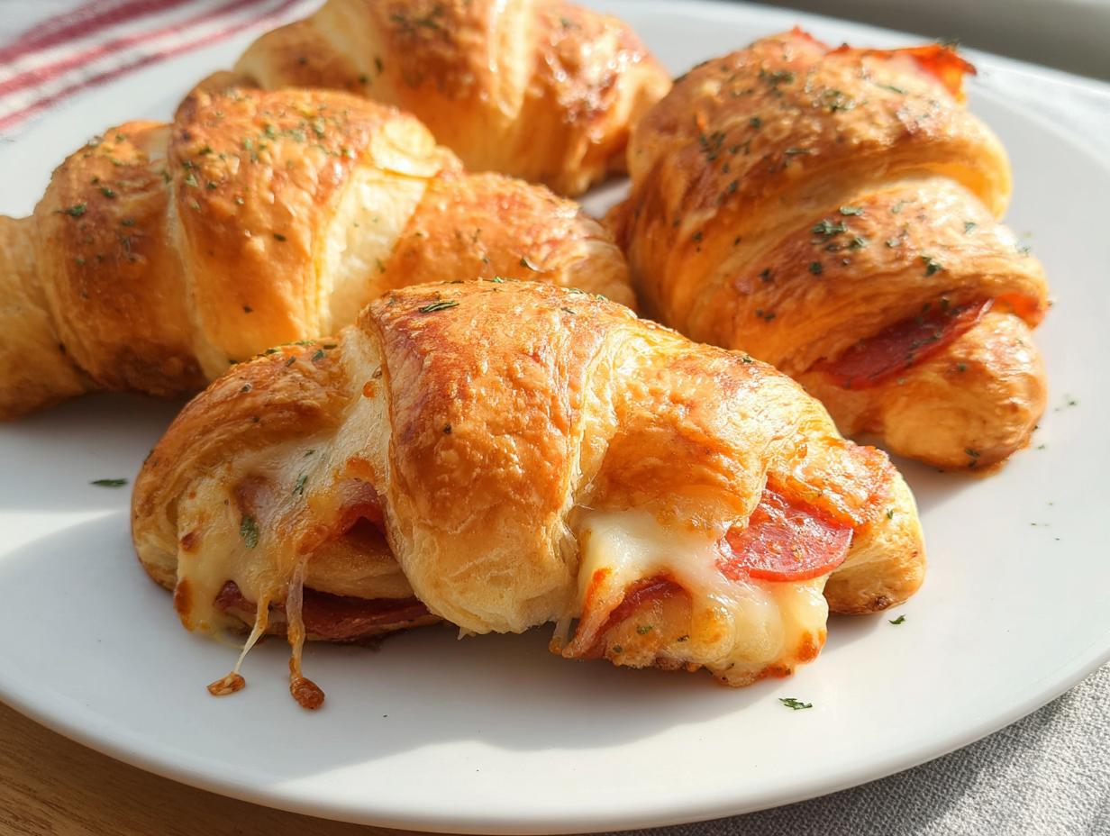 Close-up of delicious mozzarella pepperoni croissant rolls, with melted cheese oozing out.