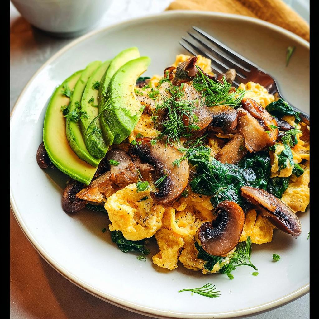 A plate of fluffy Mushroom Spinach Scrambled Eggs topped with sliced avocado and fresh dill.