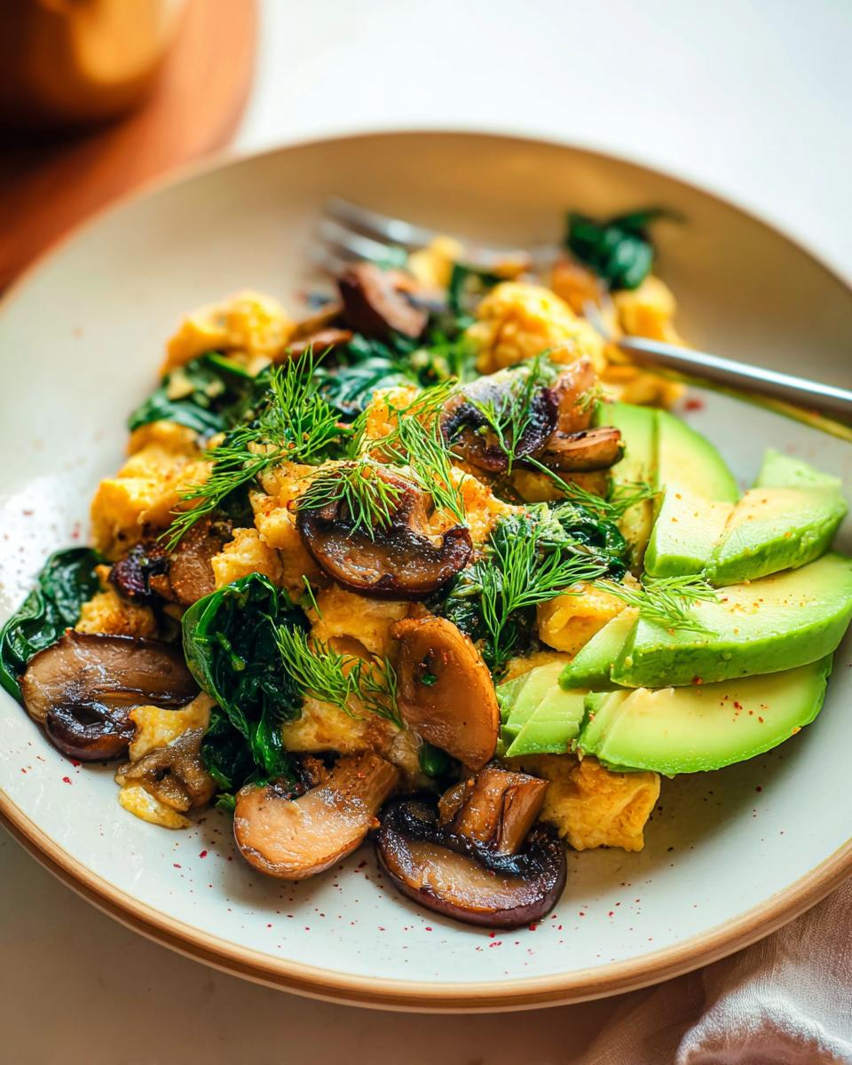 A plate of Mushroom Spinach Scrambled Eggs topped with fresh dill and served with sliced avocado.