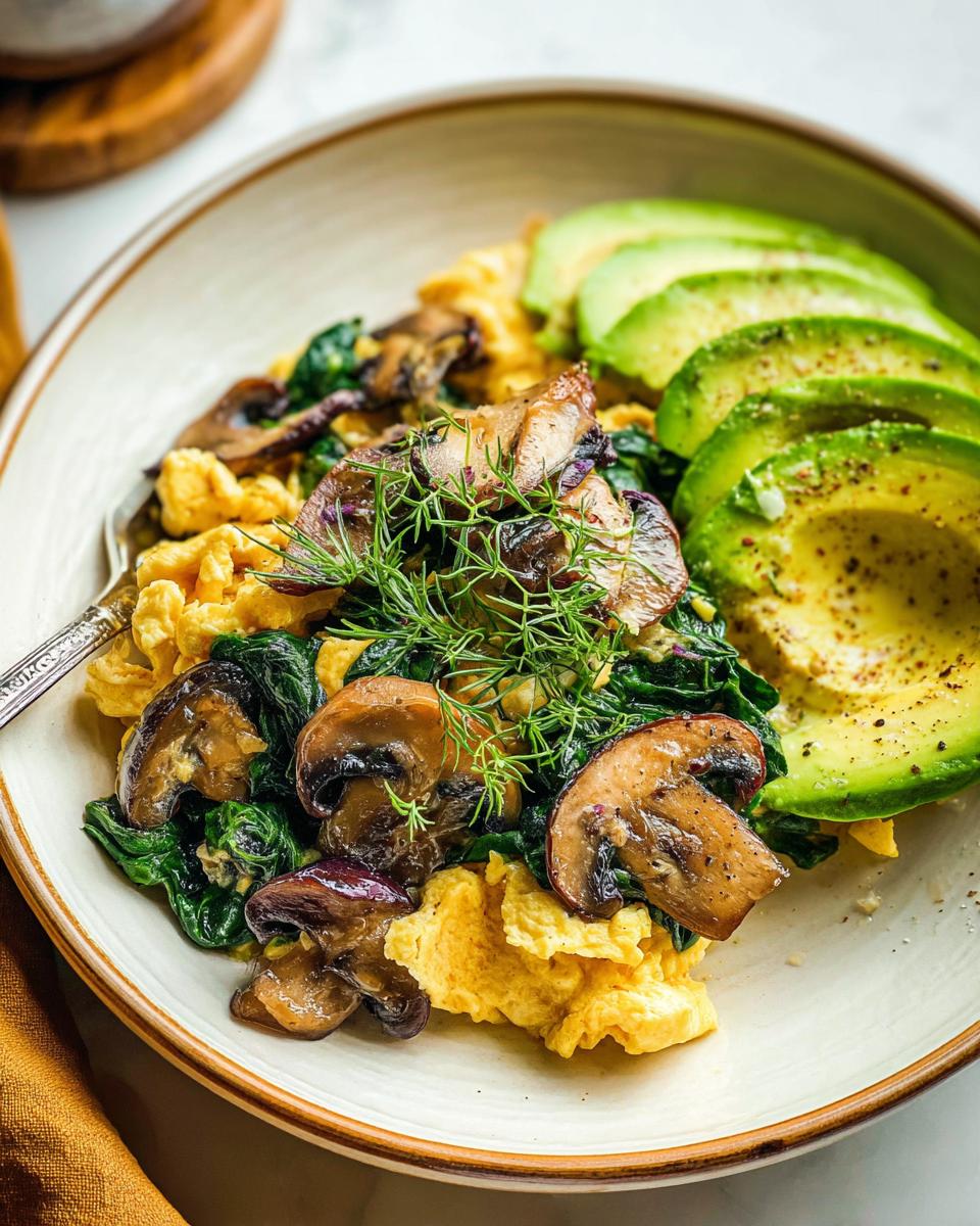 A plate of fluffy Mushroom Spinach Scrambled Eggs served with sliced avocado and fresh dill.