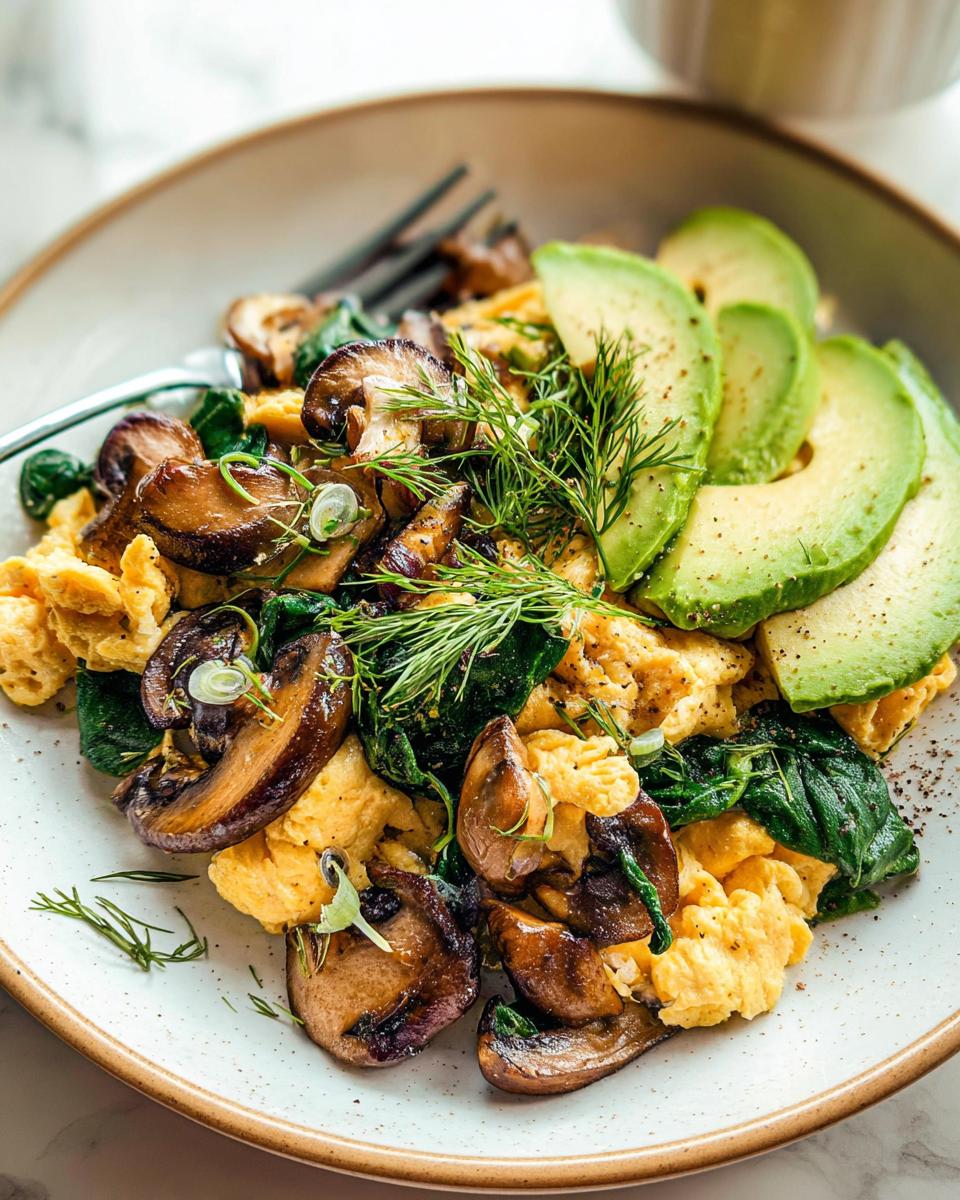 A plate of fluffy Mushroom Spinach Scrambled Eggs topped with sliced avocado and fresh dill.