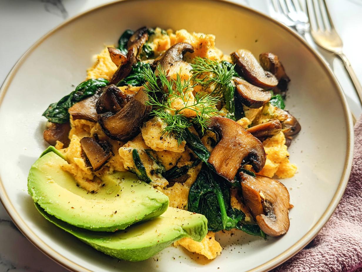 A close-up of delicious Mushroom Spinach Scrambled Eggs served with sliced avocado and fresh dill.