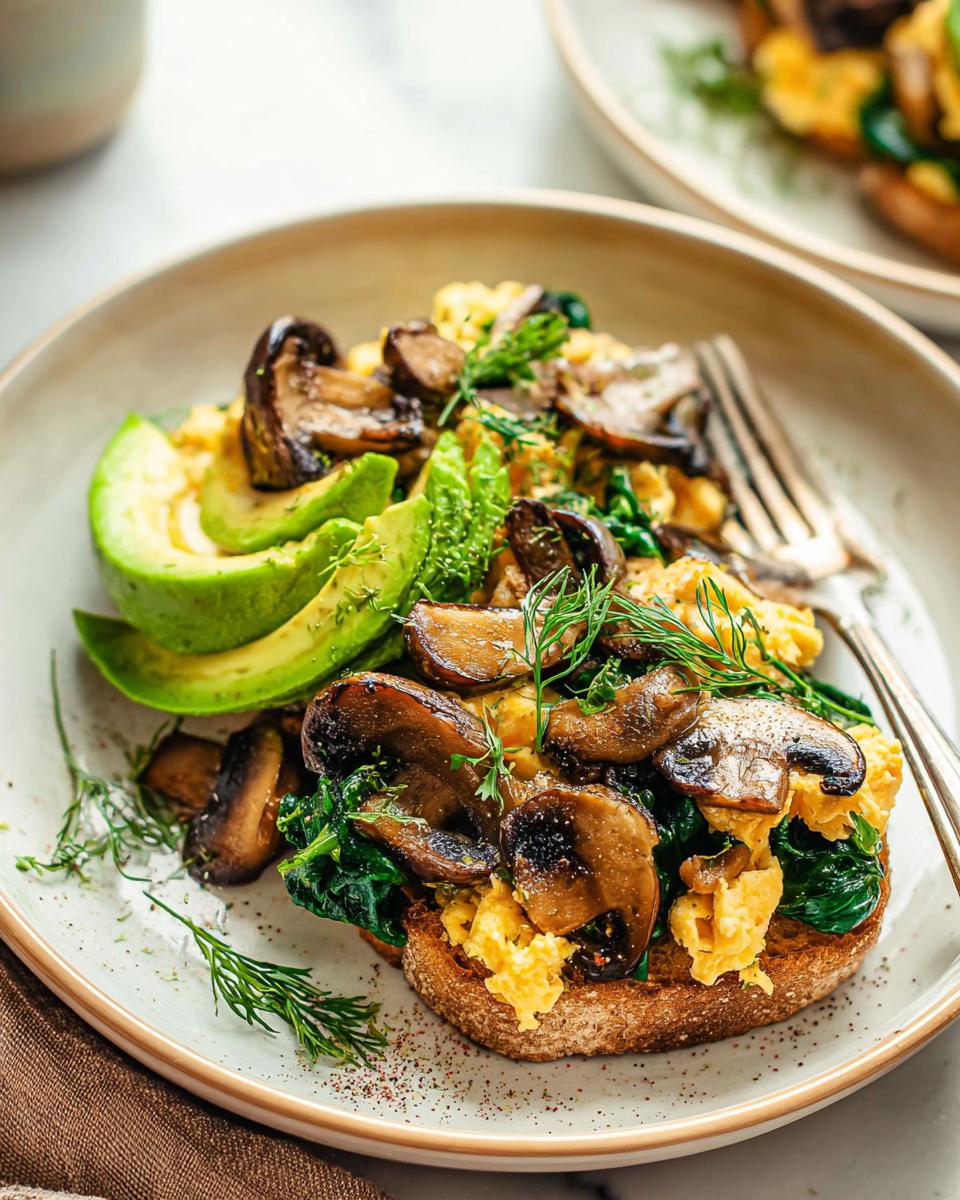 Close-up of Mushroom Spinach Scrambled Eggs on toast with avocado slices and fresh dill garnish.