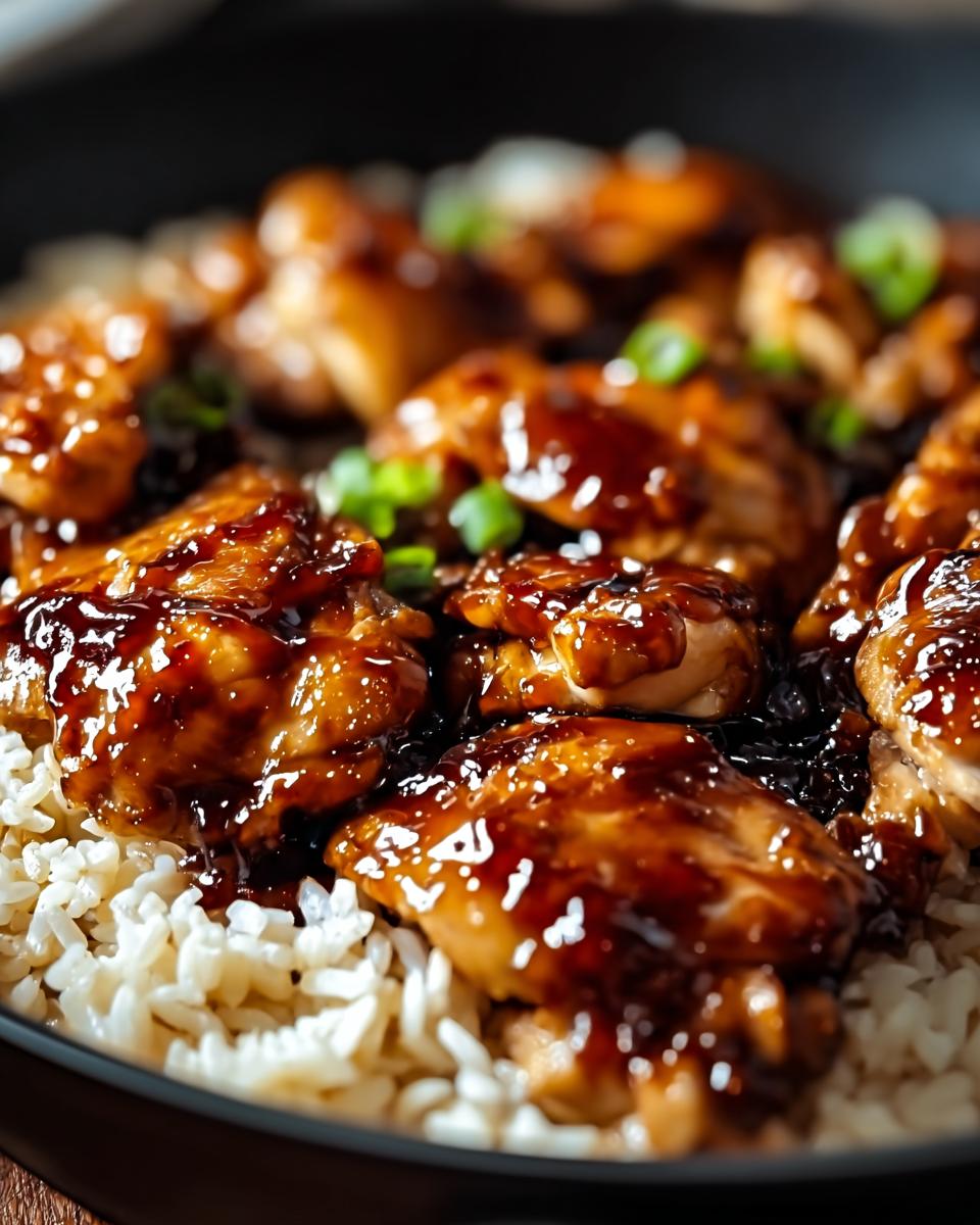 Close-up of glistening One-Pan Honey BBQ Chicken Rice, featuring tender chicken pieces coated in a rich BBQ sauce served over fluffy white rice, garnished with green onions.