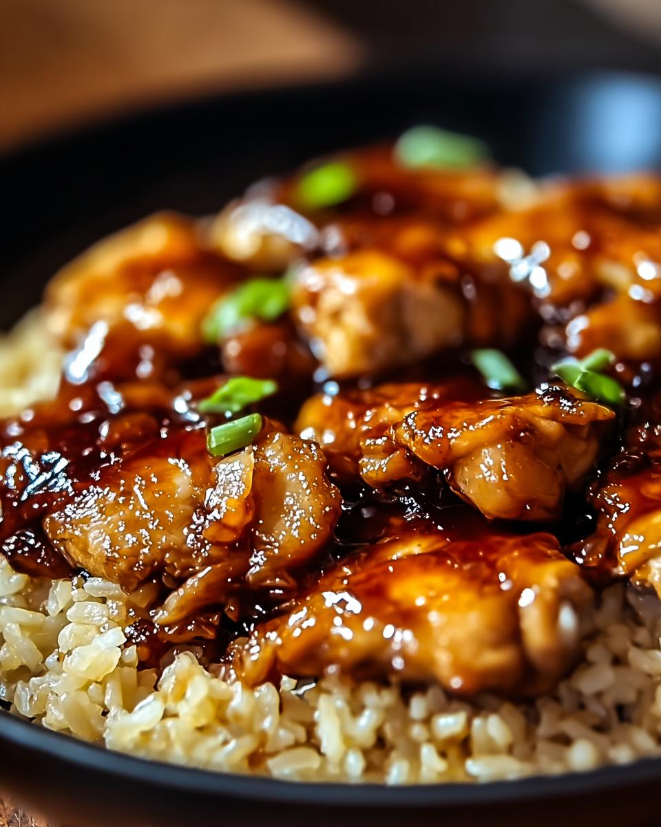 A close-up of a bowl of One-Pan Honey BBQ Chicken Rice, featuring glazed chicken pieces over fluffy rice, garnished with green onions.