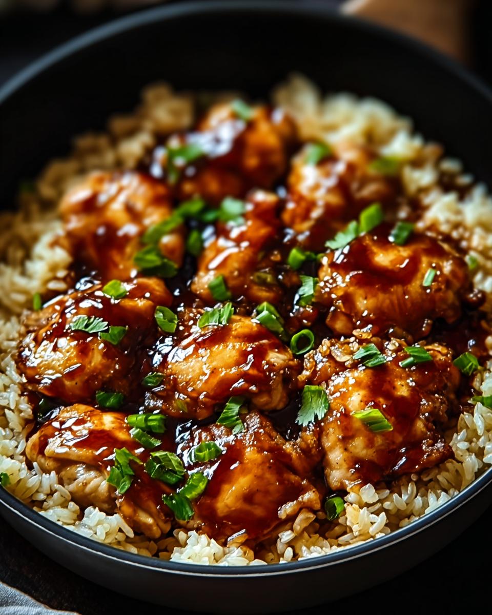 A close-up of a one-pan honey BBQ chicken rice dish, featuring glazed chicken pieces over fluffy rice, garnished with green onions.
