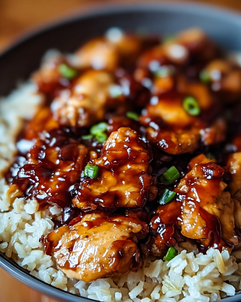 Close-up of a bowl of One-Pan Honey BBQ Chicken Rice topped with chopped green onions.