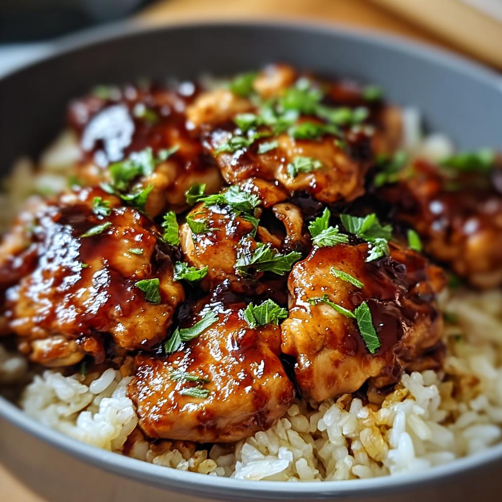 A close-up of a bowl of One-Pan Honey BBQ Chicken Rice, topped with fresh parsley.