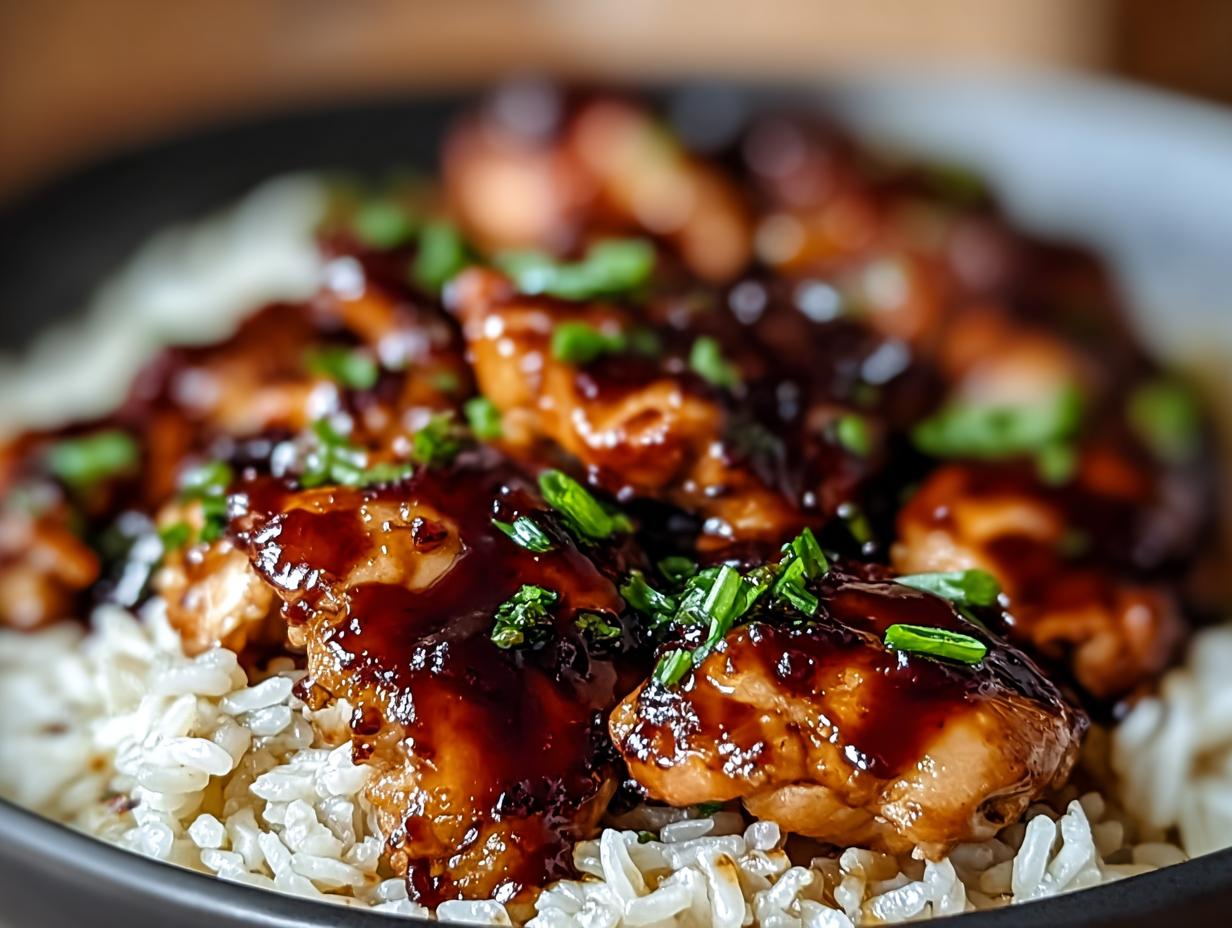 A close-up of delicious One-Pan Honey BBQ Chicken Rice, featuring glazed chicken pieces over fluffy white rice, garnished with green onions.