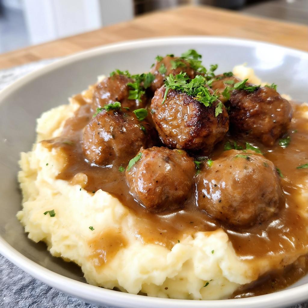 A bowl of Salisbury Steak Meatballs smothered in gravy, served over fluffy Garlic Herb Mashed Potatoes and garnished with parsley.