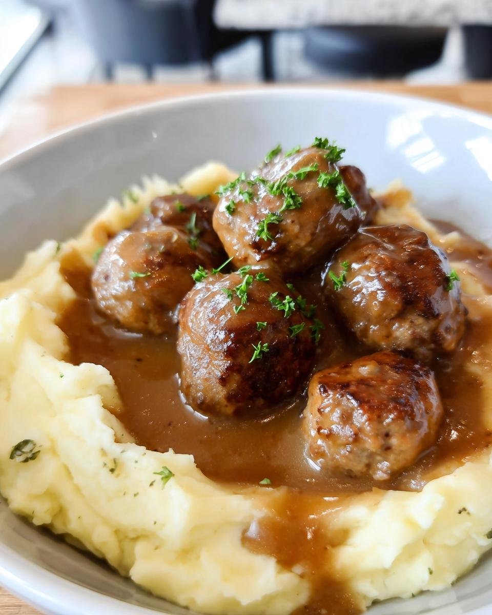 A bowl of Salisbury Steak Meatballs served over creamy Garlic Herb Mashed Potatoes, garnished with fresh parsley.