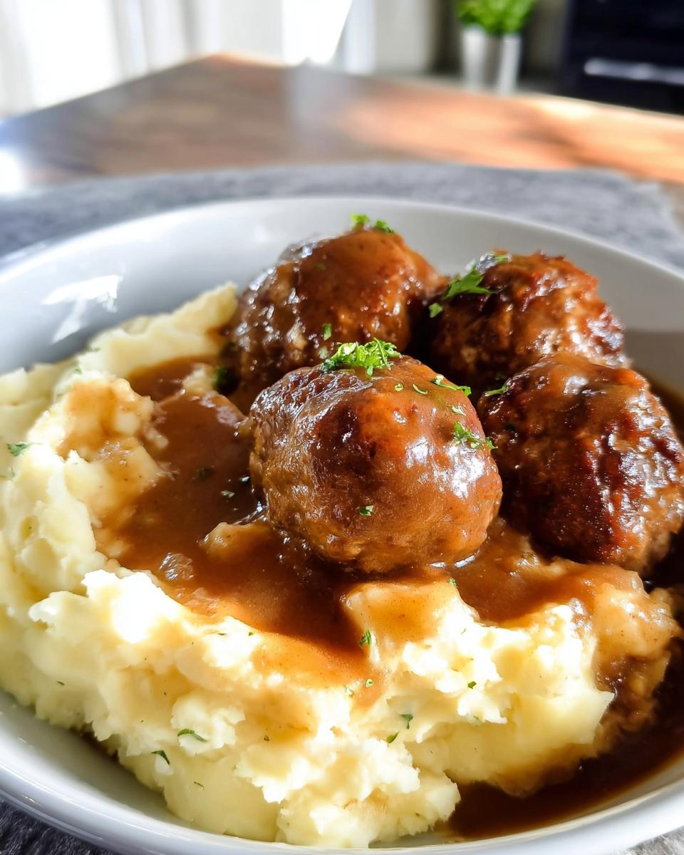 Close-up of Salisbury steak meatballs in gravy served over creamy garlic herb mashed potatoes, garnished with parsley.