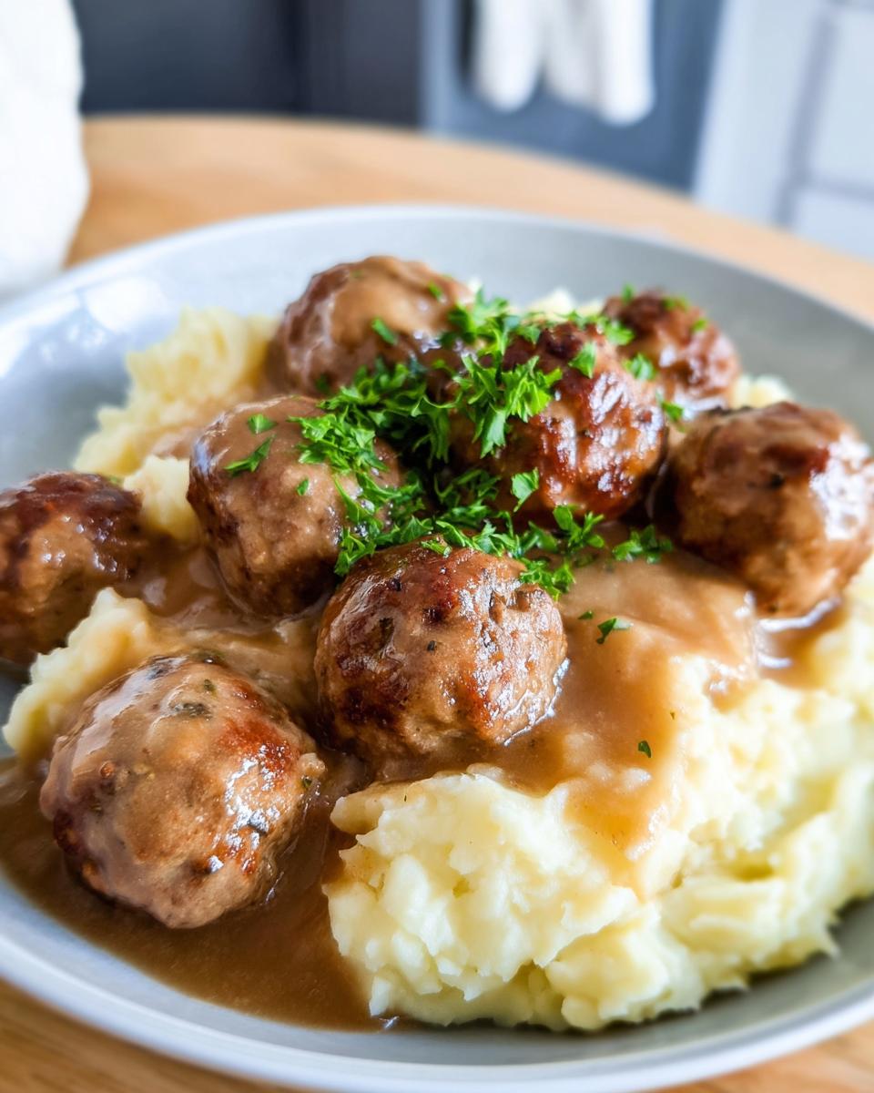 A close-up of Salisbury Steak Meatballs served over creamy Garlic Herb Mashed Potatoes, garnished with fresh parsley.