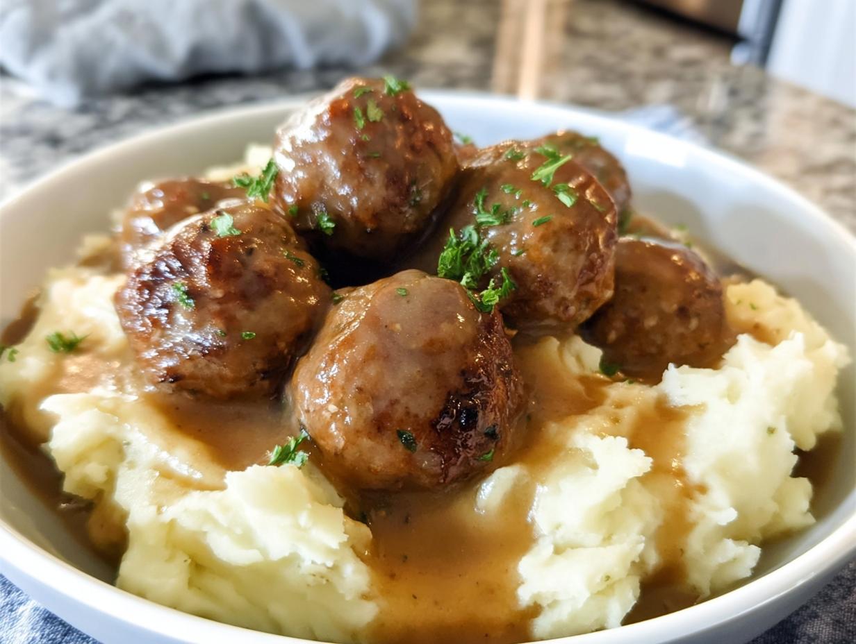 A bowl of Salisbury Steak Meatballs served over creamy Garlic Herb Mashed Potatoes, drizzled with gravy and garnished with parsley.