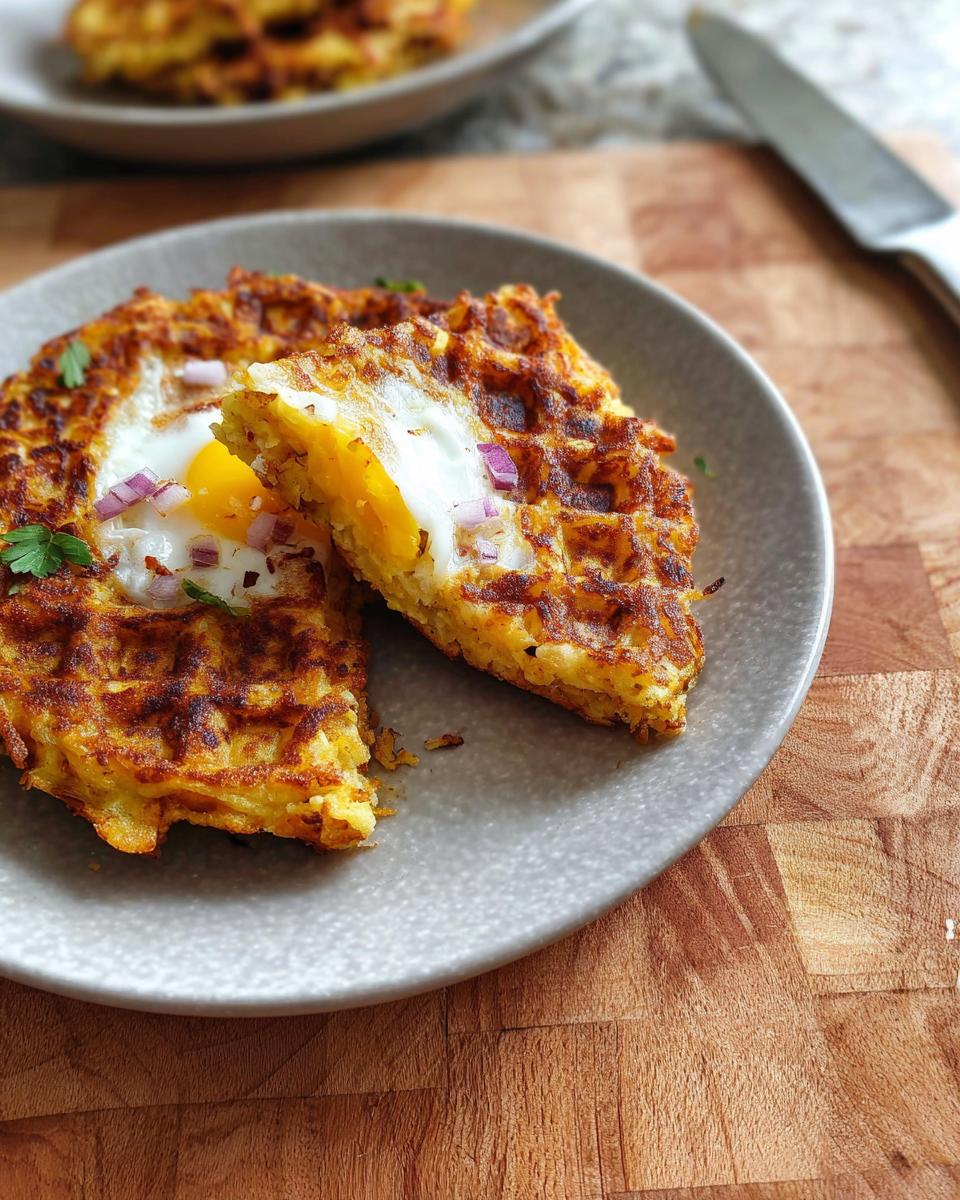 A close-up of a savory hashbrown chaffle with a fried egg in the center, topped with red onion and parsley.