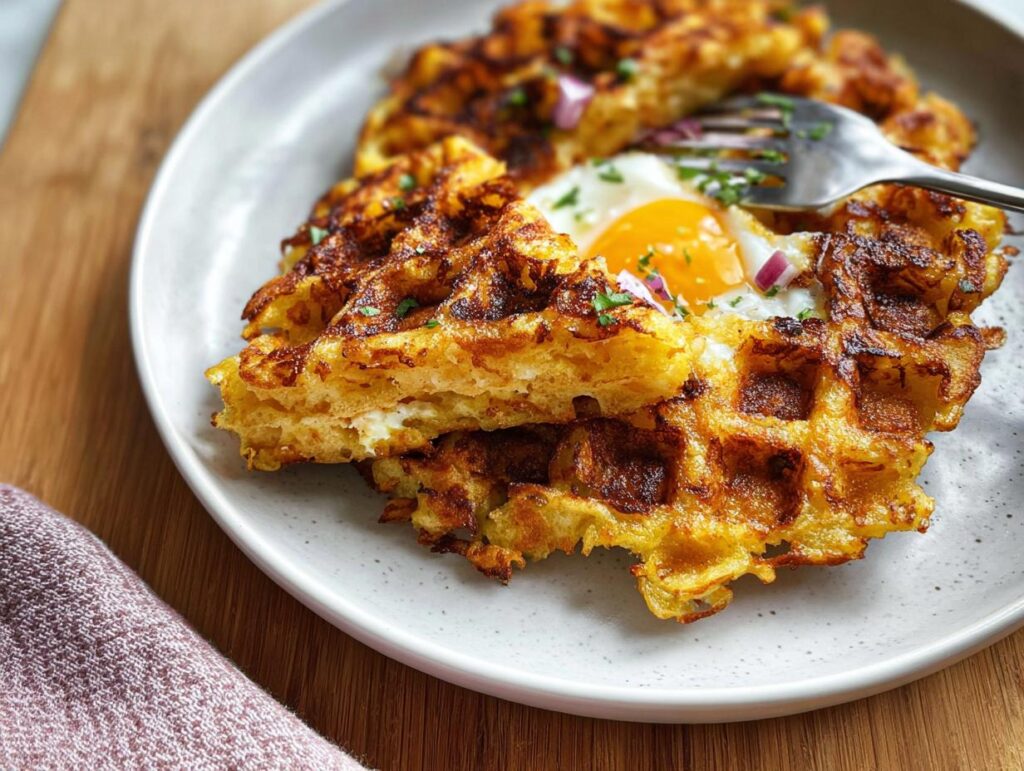 A golden-brown Savory Hashbrown Chaffle topped with a fried egg, red onion, and parsley, with a fork inserted.