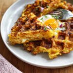 A golden-brown Savory Hashbrown Chaffle topped with a fried egg, red onion, and parsley, with a fork inserted.