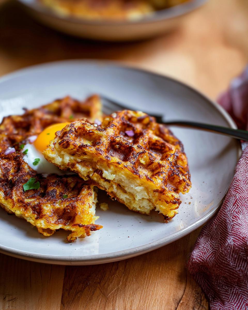 A close-up of a crispy savory hashbrown chaffle cut in half, revealing a fluffy interior, topped with a fried egg and red onion.