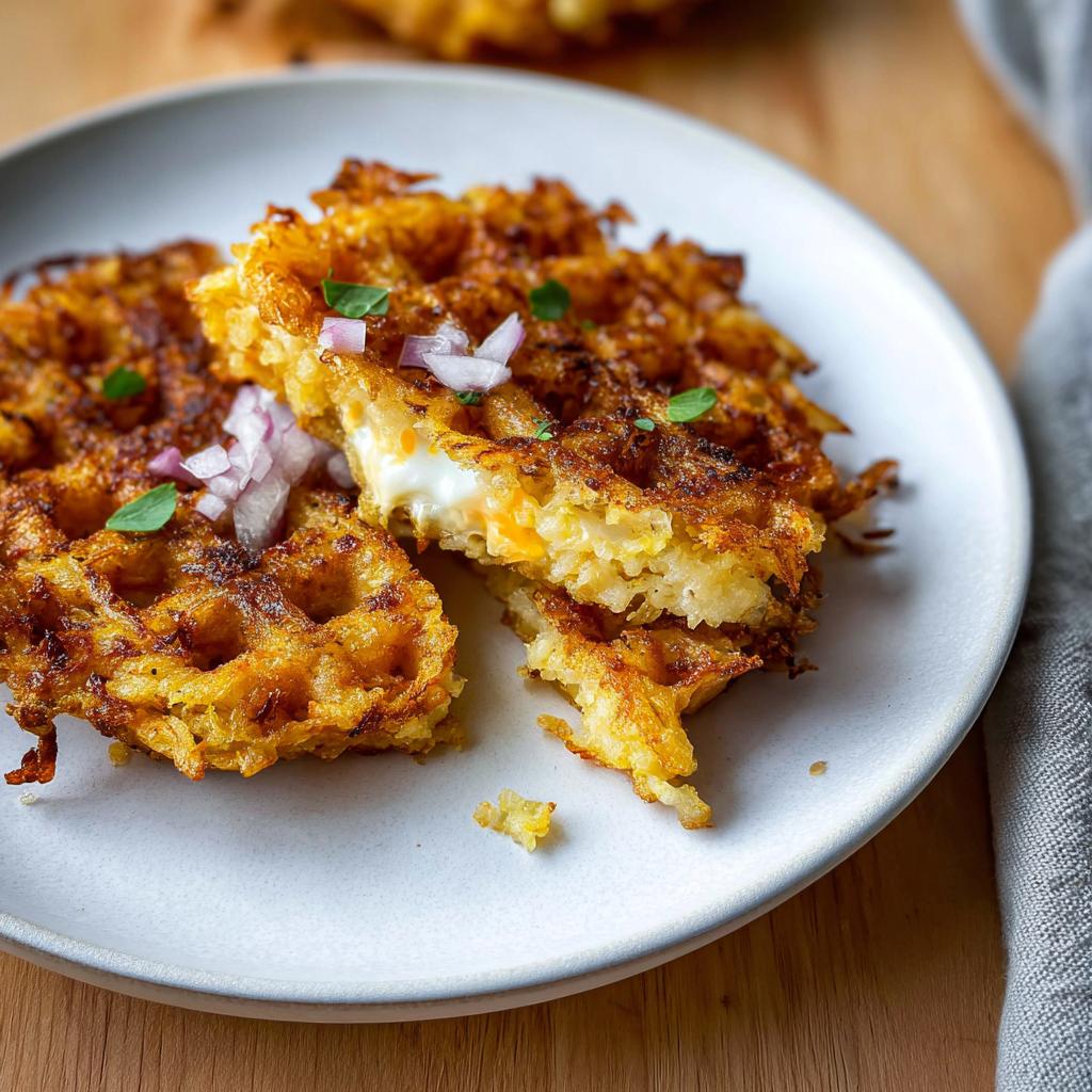 A close-up of a crispy Savory Hashbrown Chaffle, cut in half to reveal melted cheese and egg inside, topped with red onion and herbs.