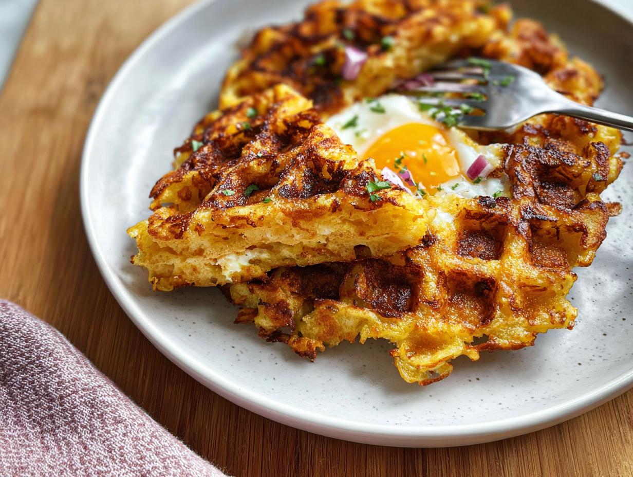 A golden-brown Savory Hashbrown Chaffle topped with a fried egg, red onion, and parsley, with a fork inserted.