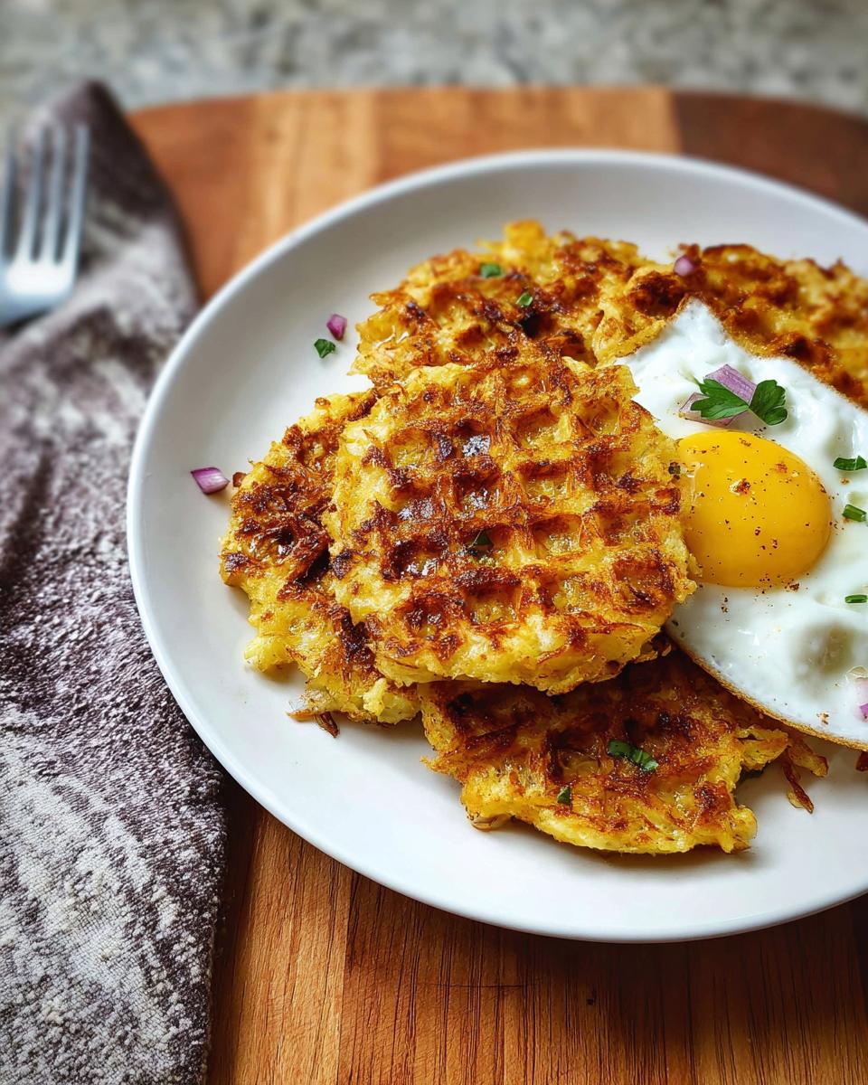 A plate of crispy savory hashbrown chaffles served with a sunny-side-up fried egg and garnished with red onion and chives.