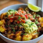 A close-up of a Schnelle Kartoffel Taco Bowl Meal Prep with seasoned potatoes, ground meat, guacamole, and pico de gallo.