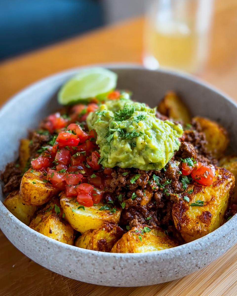 A bowl of Schnelle Kartoffel Taco Bowl Meal Prep with roasted potatoes, seasoned ground meat, pico de gallo, and guacamole.
