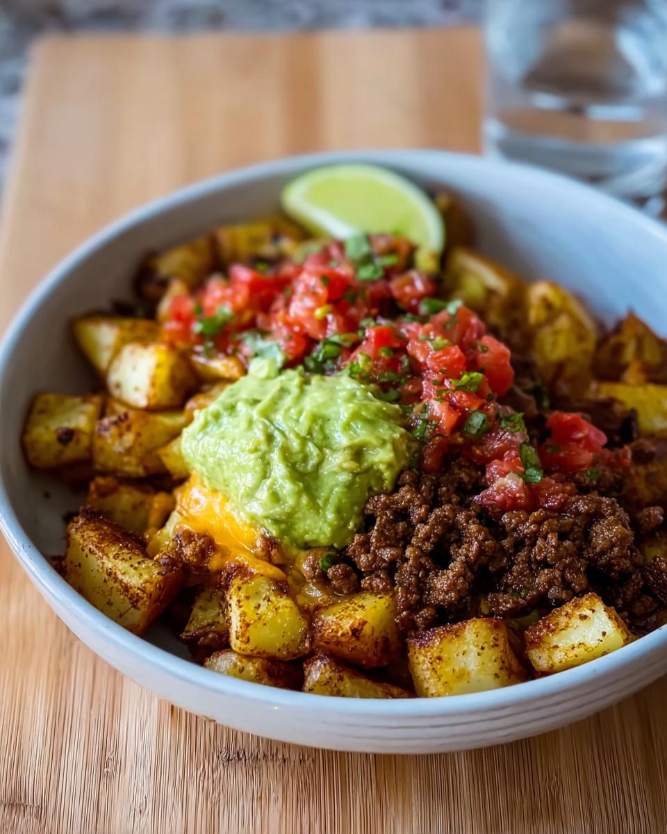 A close-up of a Schnelle Kartoffel Taco Bowl Meal Prep featuring seasoned potatoes, ground beef, pico de gallo, guacamole, and melted cheese.