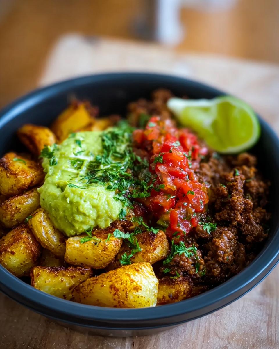 A close-up of a Schnelle Kartoffel Taco Bowl Meal Prep featuring seasoned potatoes, seasoned ground meat, guacamole, pico de gallo, and a lime wedge.