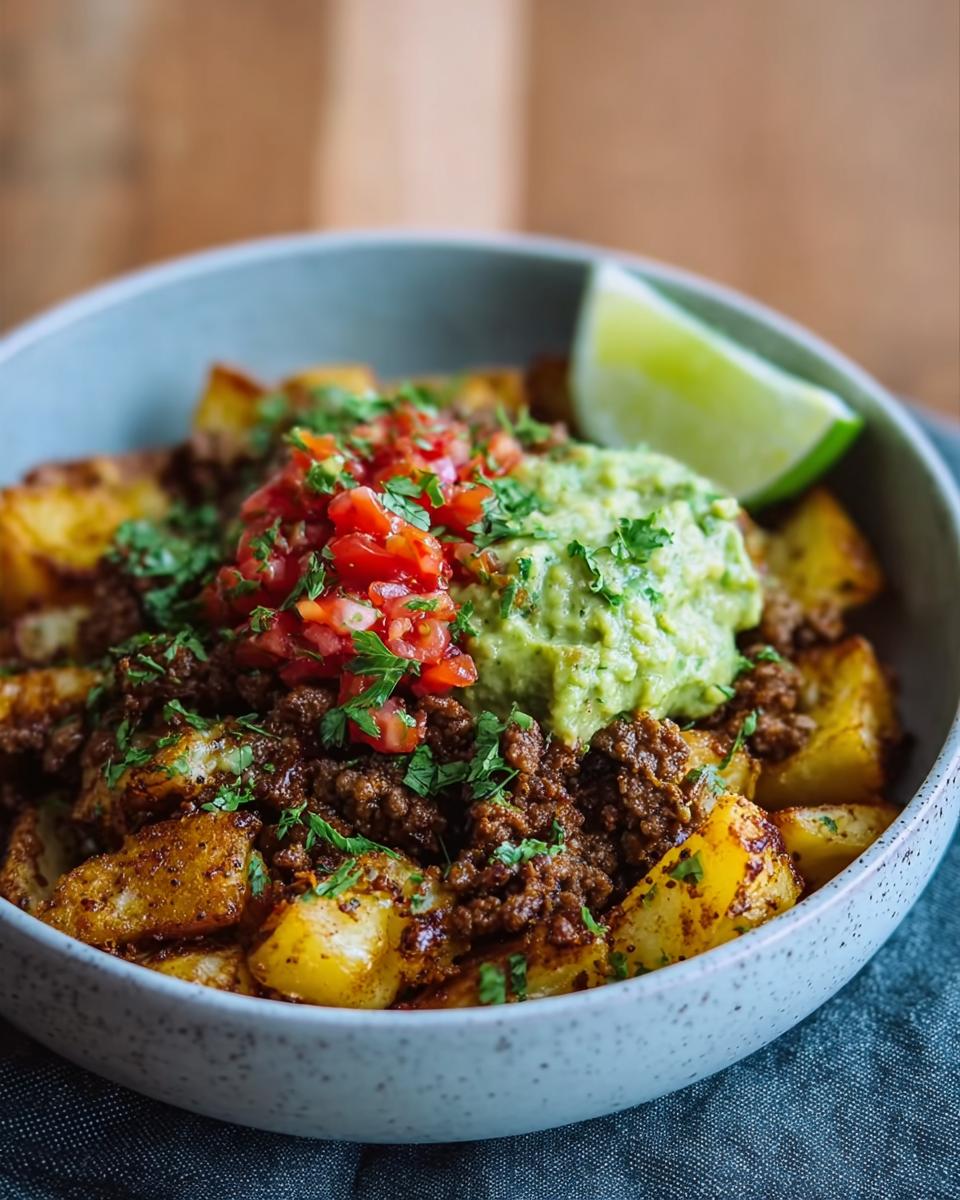 A close-up of a Schnelle Kartoffel Taco Bowl Meal Prep, featuring seasoned potatoes topped with seasoned ground meat, pico de gallo, guacamole, and a lime wedge.