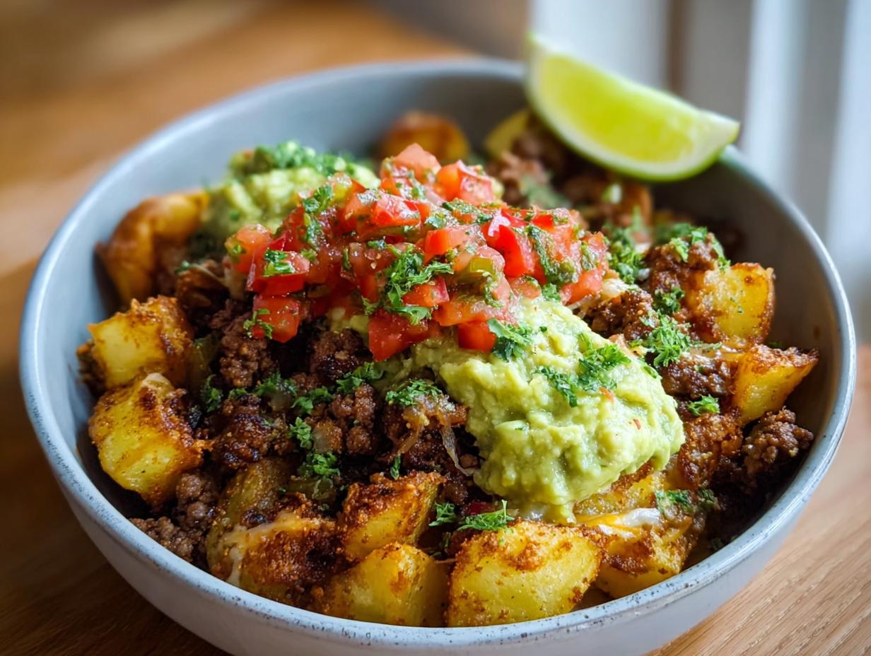 A close-up of a Schnelle Kartoffel Taco Bowl Meal Prep with seasoned potatoes, ground meat, guacamole, and pico de gallo.