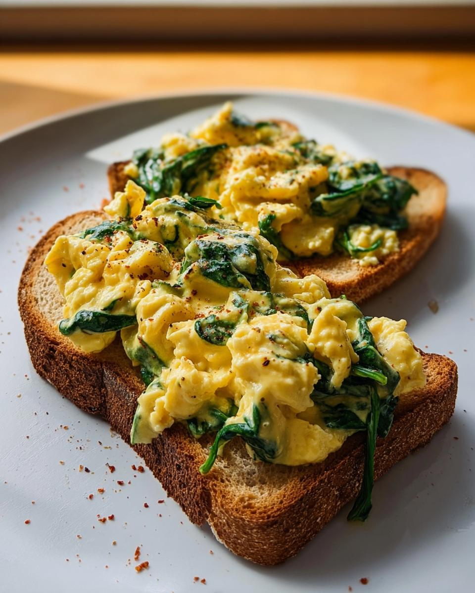 Two slices of toast topped with fluffy scrambled eggs and wilted spinach, seasoned with pepper.