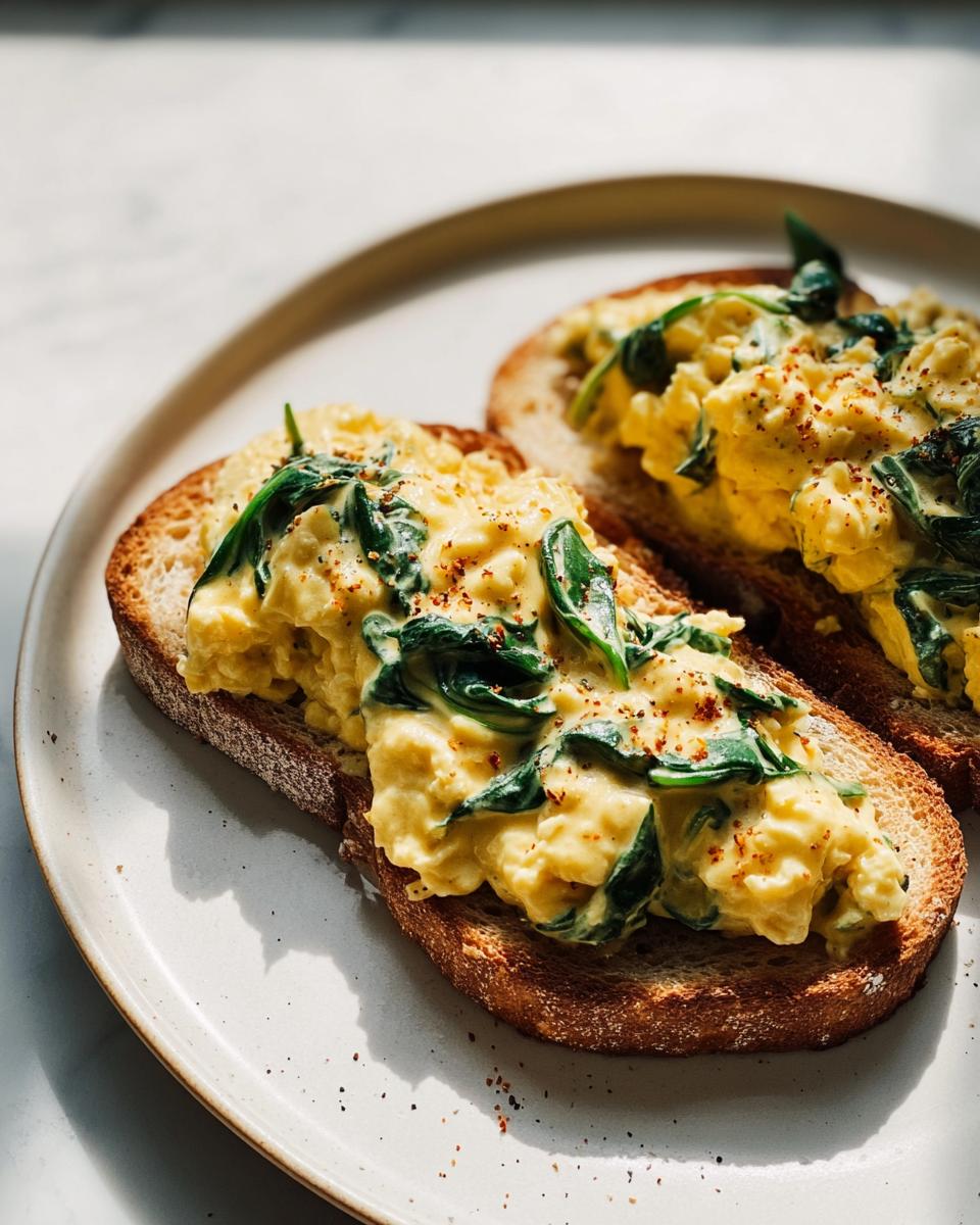 Two slices of toast topped with creamy scrambled eggs and fresh spinach, sprinkled with paprika.