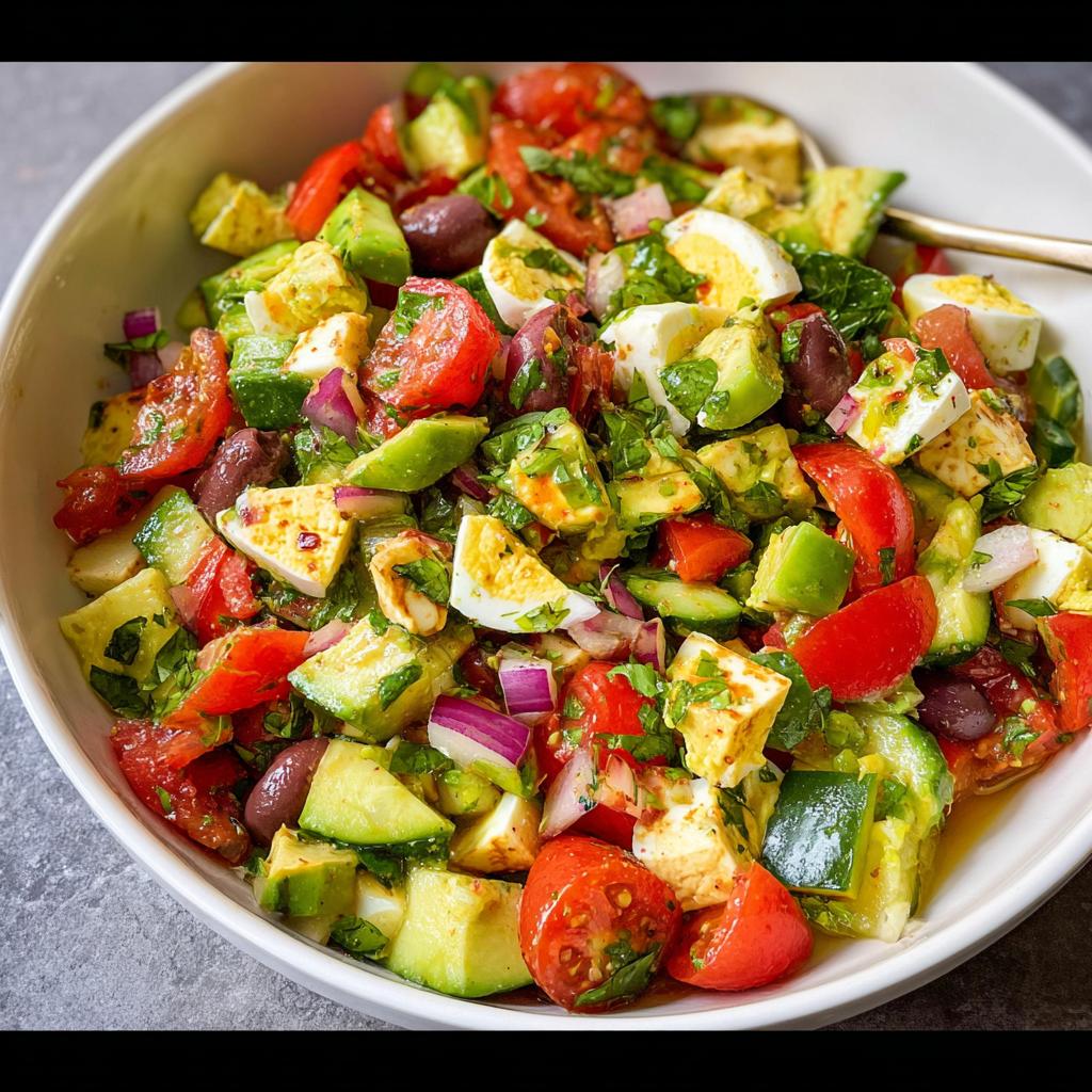 A vibrant bowl of Simple Zesty Mediterranean Avocado Egg Salad with chopped tomatoes, avocado, eggs, olives, and red onion.