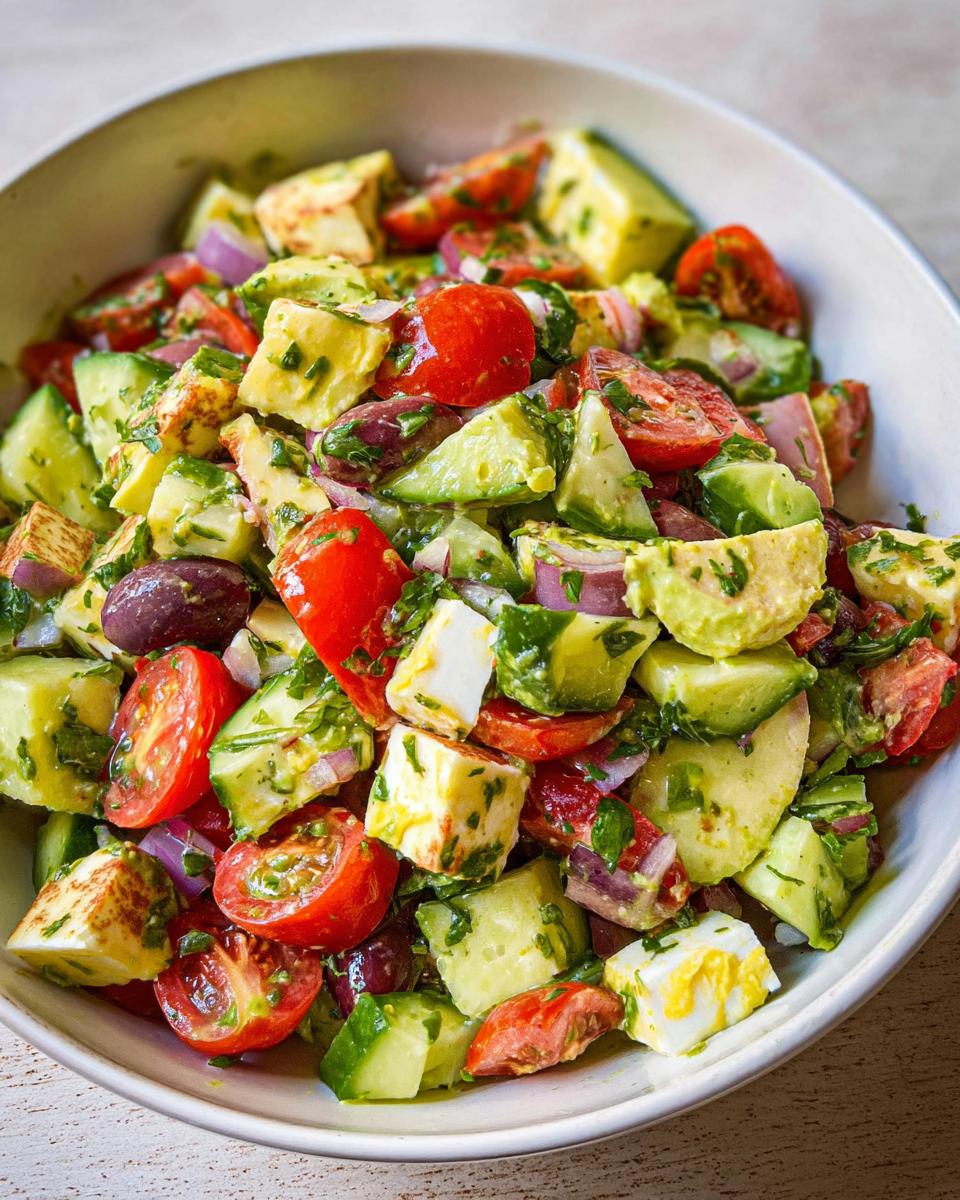 A vibrant bowl of Simple & Zesty Mediterranean Avocado Egg Salad with chopped avocado, tomatoes, cucumber, olives, and feta.