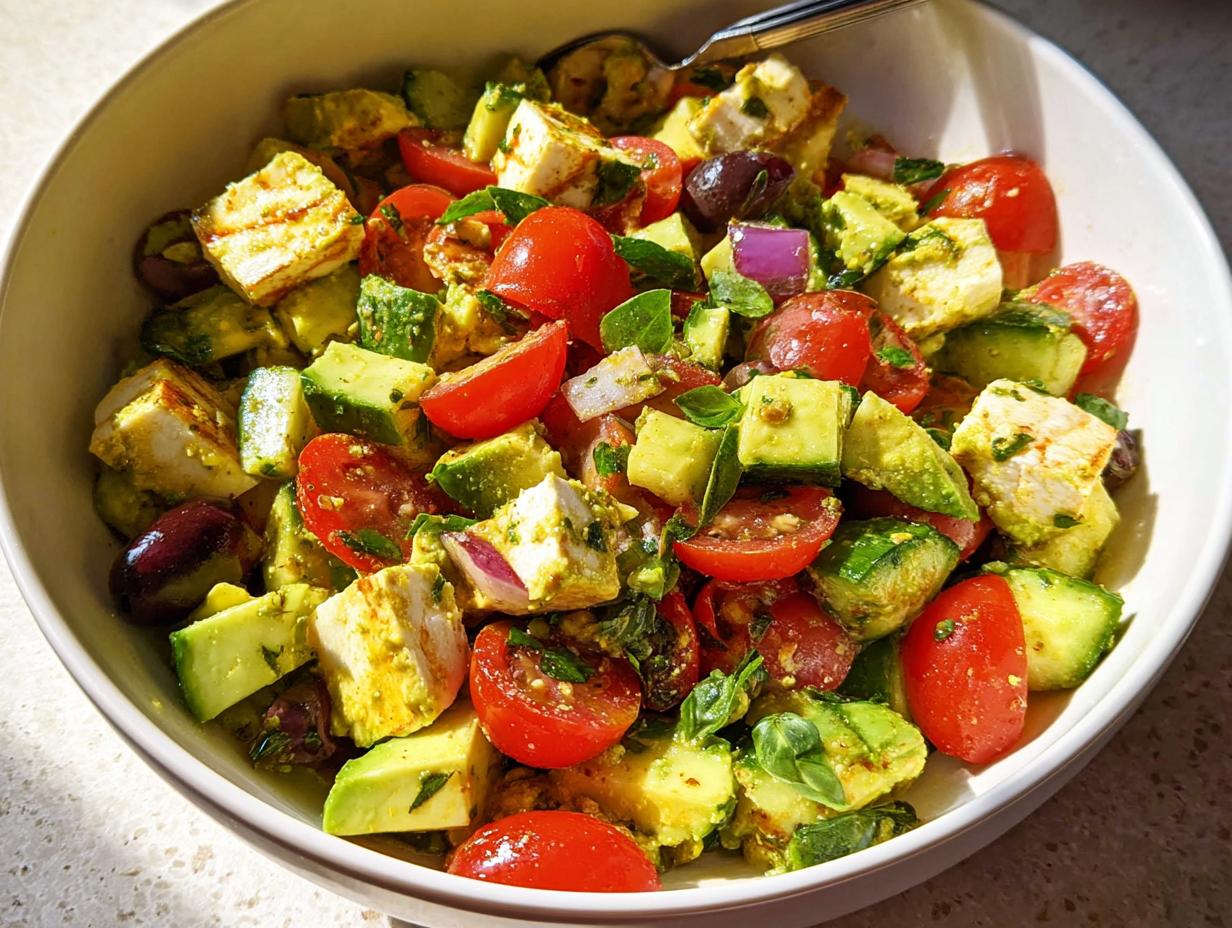 A bowl of Simple Zesty Mediterranean Avocado Egg Salad with avocado, tomatoes, olives, and cheese.
