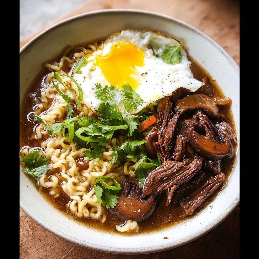 A delicious bowl of Slow Cooker Beef Ramen Noodles topped with a fried egg, mushrooms, and fresh cilantro.