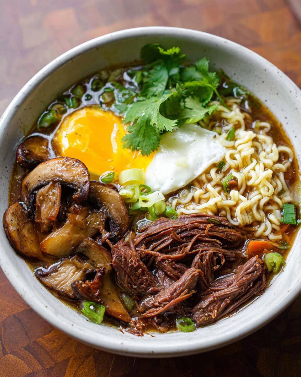 A close-up of a bowl of Slow Cooker Beef Ramen Noodles, featuring shredded beef, ramen noodles, a fried egg, mushrooms, and cilantro.