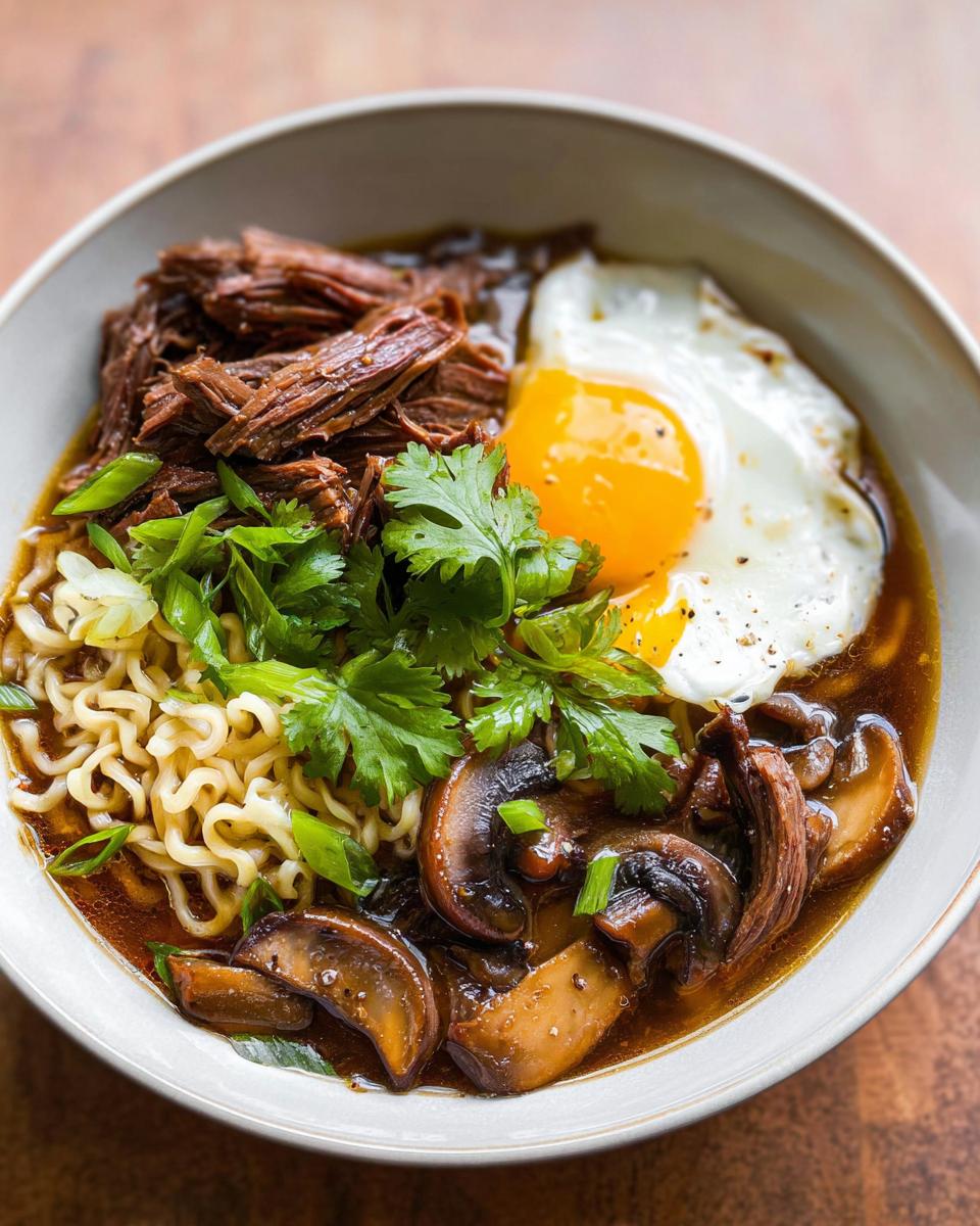 A bowl of Slow Cooker Beef Ramen Noodles topped with shredded beef, a fried egg, mushrooms, and cilantro.