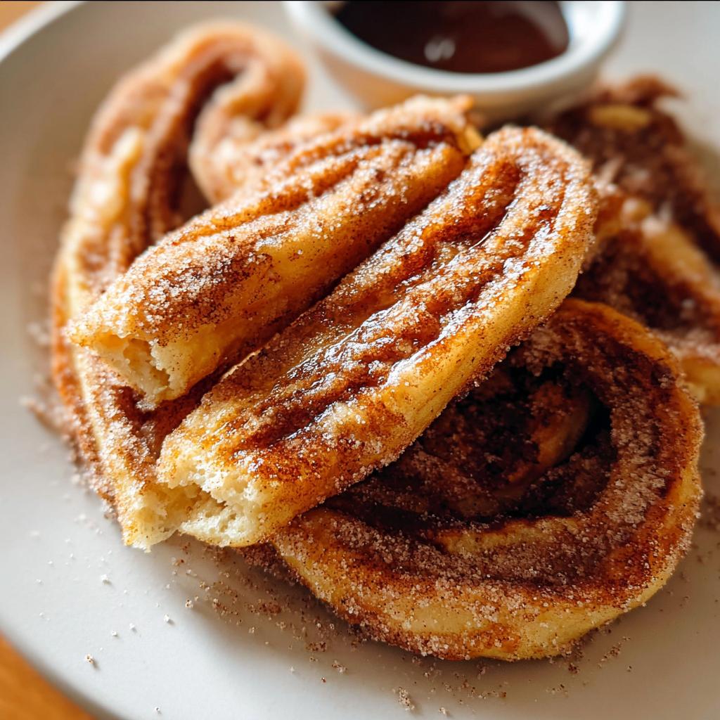 Close-up of Irresistible Spanish Churro Pancakes dusted with cinnamon sugar, served with a side of chocolate dipping sauce.