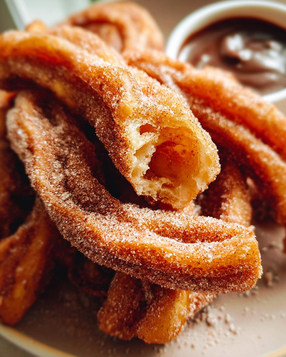 A close-up of Irresistible Spanish Churro Pancakes dusted with cinnamon sugar, with a bowl of chocolate sauce in the background.