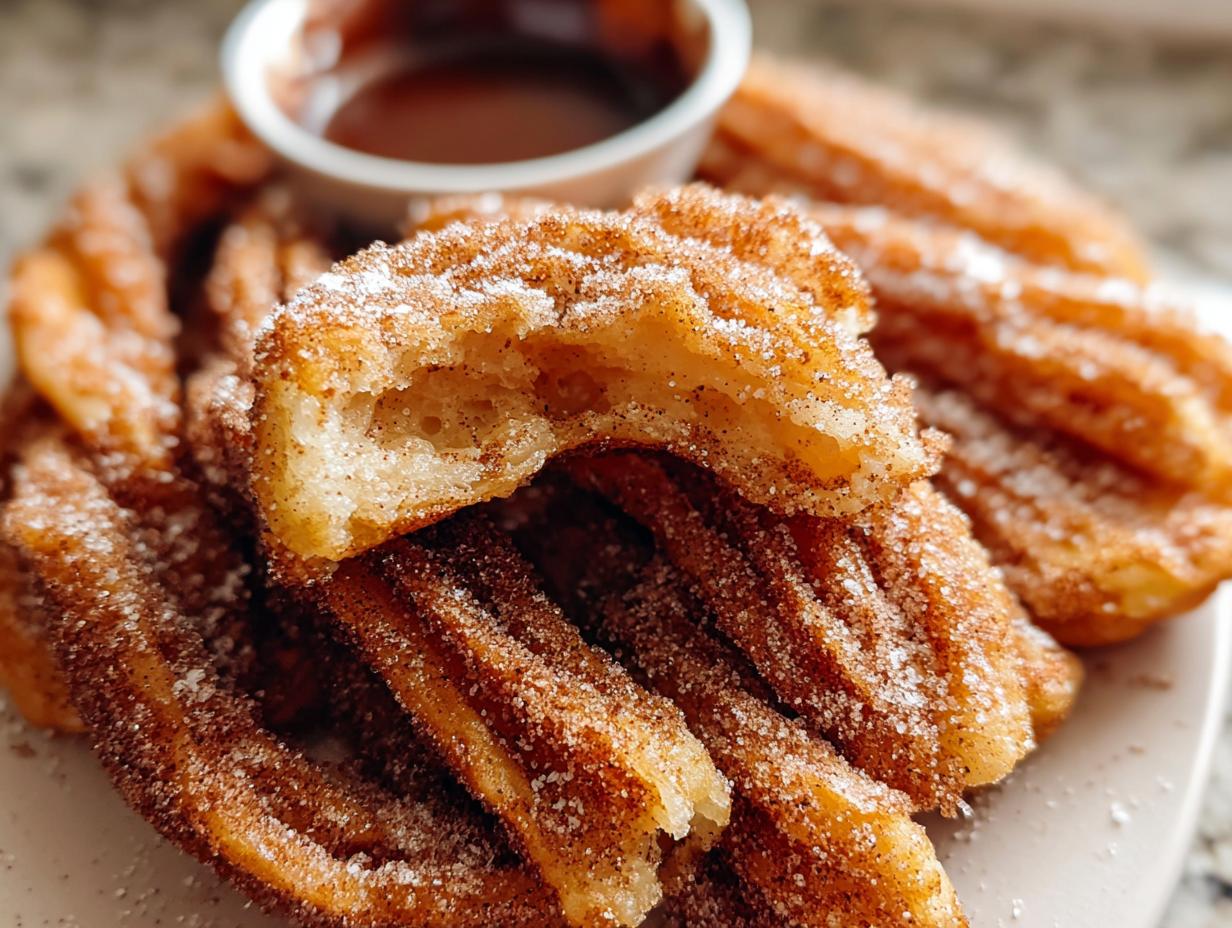 Close-up of Irresistible Spanish Churro Pancakes dusted with cinnamon sugar, with a small bowl of chocolate sauce in the background.