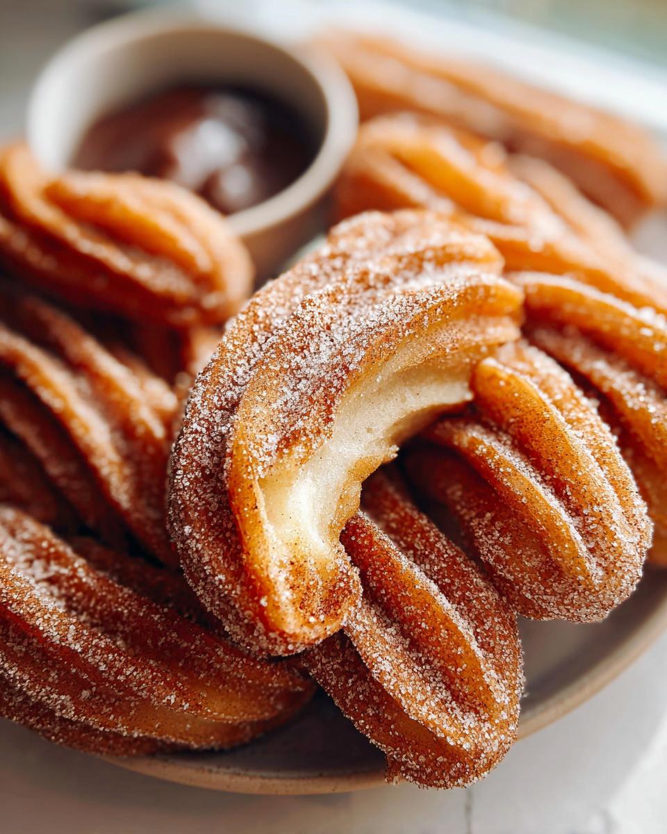 A close-up of Irresistible Spanish Churro Pancakes, coated in cinnamon sugar, with a side of chocolate dipping sauce.