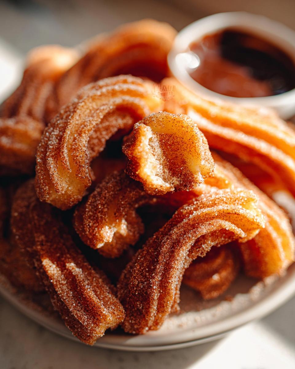 Close-up of a pile of Irresistible Spanish Churro Pancakes, coated in cinnamon sugar, with a small bowl of chocolate dip in the background.