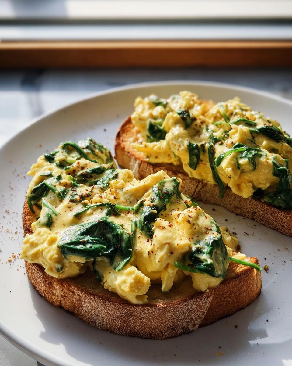 Two slices of toast topped with creamy scrambled eggs and spinach, seasoned with red pepper flakes.
