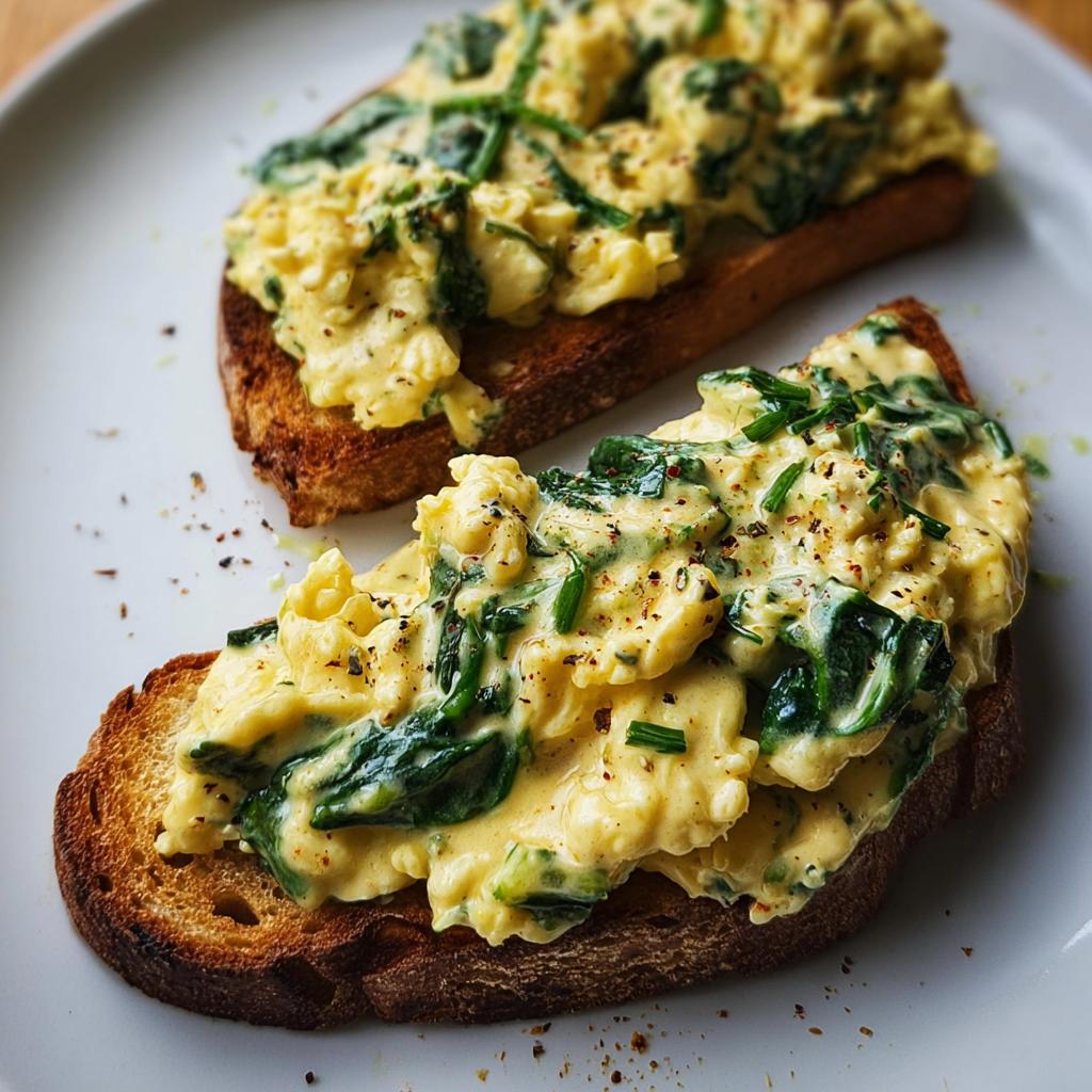 Close-up of two Spicy Buffalo Chicken Wraps for Two on toast, topped with creamy scrambled eggs and spinach.