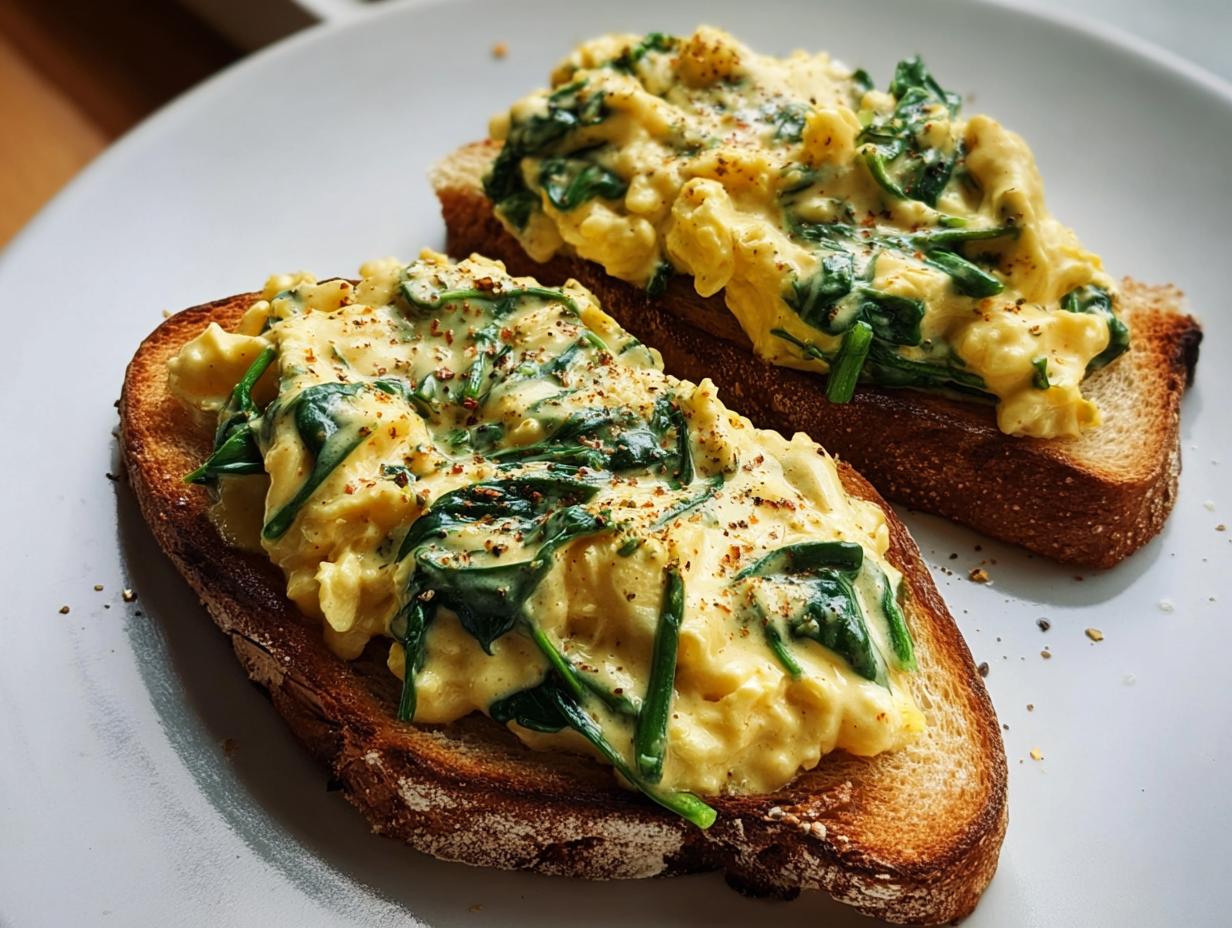Two slices of toast topped with creamy scrambled eggs and spinach, seasoned with chili flakes. Spicy Buffalo Chicken Wraps for Two.