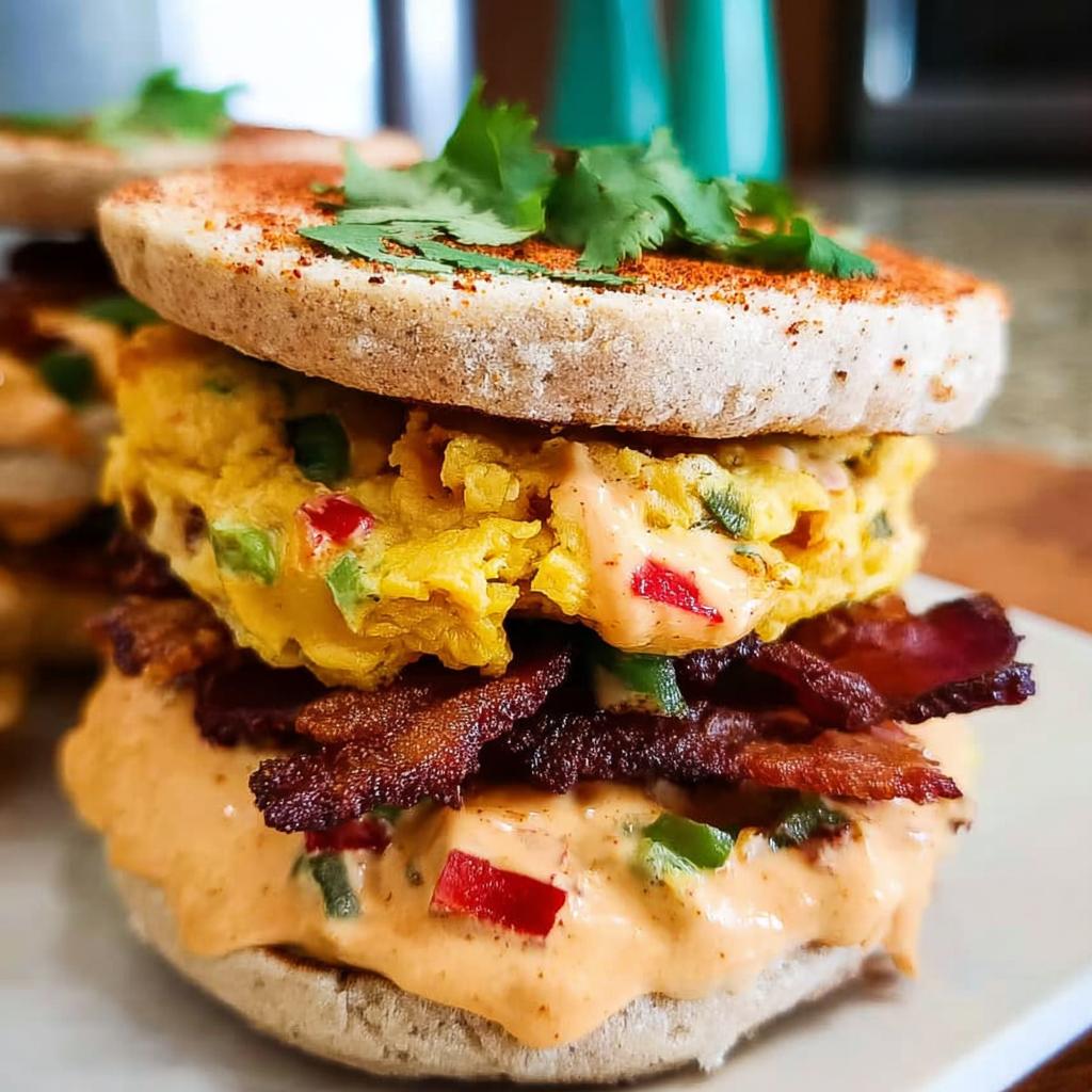 A close-up of a Spicy Chipotle Egg Breakfast Sandwich with bacon, scrambled eggs, and chipotle sauce on an English muffin.