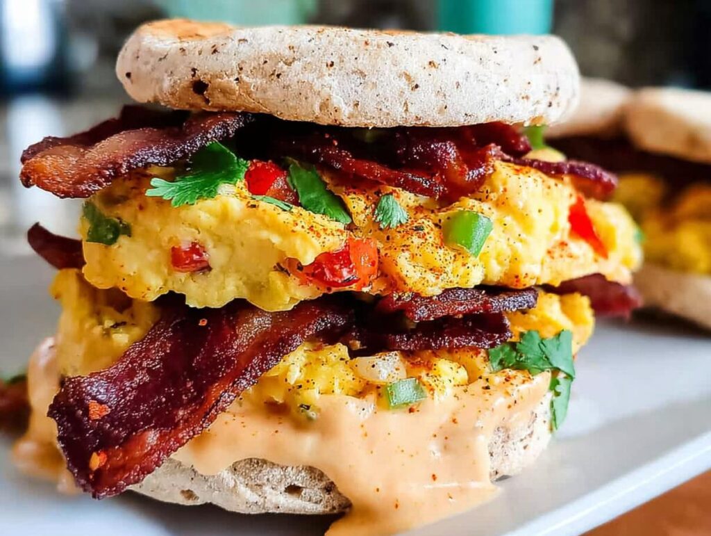 A close-up of a delicious Spicy Chipotle Egg Breakfast Sandwich stacked high with scrambled eggs, bacon, and a creamy sauce.